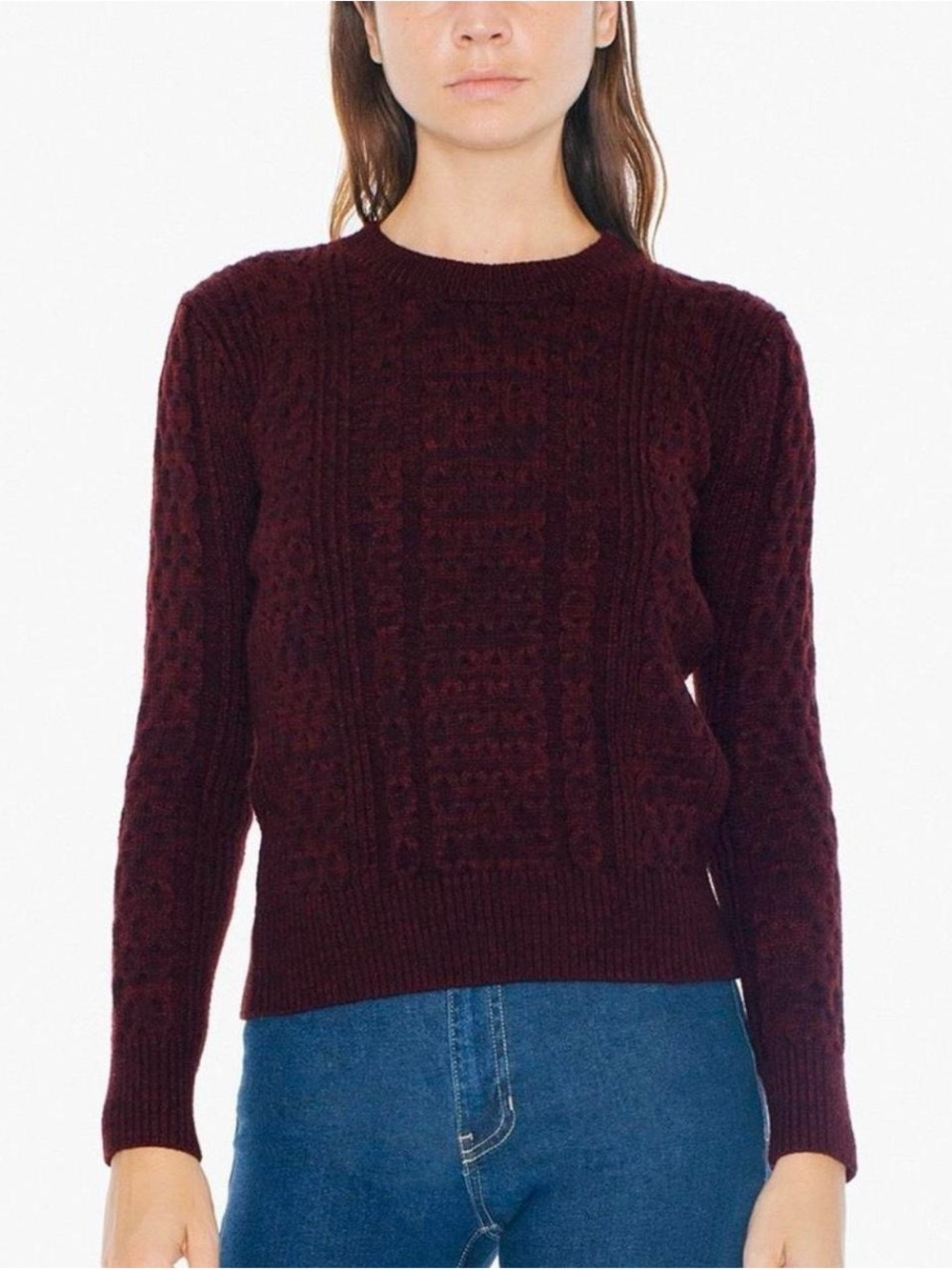 American Apparel Burgundy Cable Knit Crew Pullover Sweater